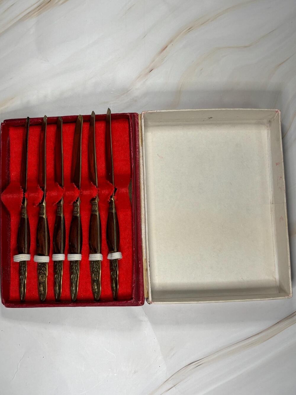 Set of 6 Vintage Thailand Siam Knife Set Rosewood Nickel Bronze 1950s